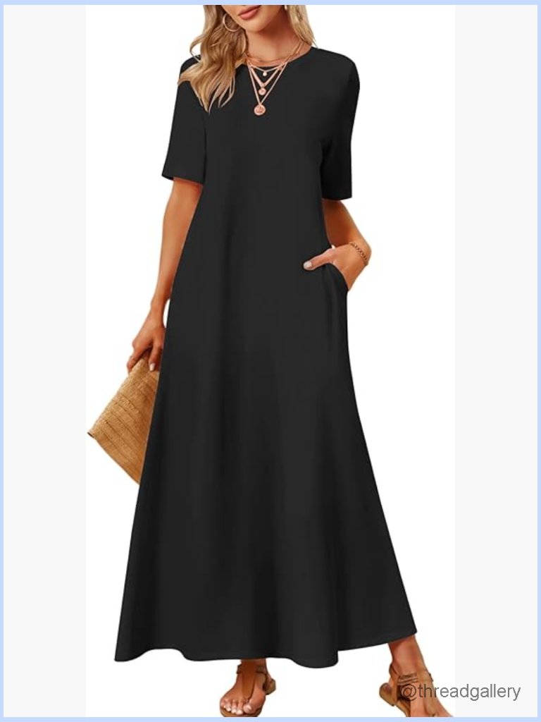 Crew Neck Short Sleeve Maxi T Shirt Dress With Pockets